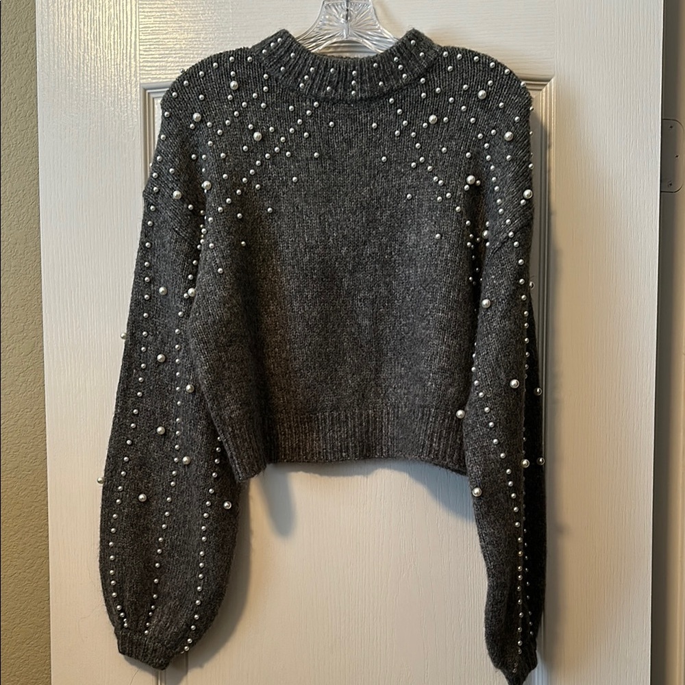 Zara Gray Crew Neck Sweater with Pearl Embellishments NWT